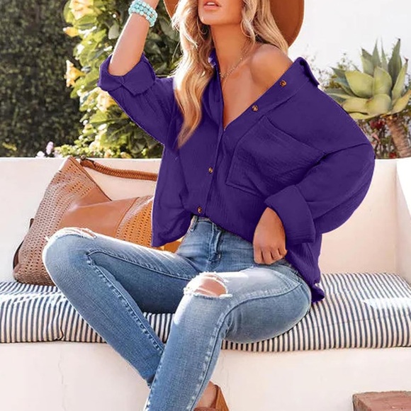 Oversized Button Down Shirts for Women Cotton Boyfriend Long Sleeve Work Blouse - Picture 3 of 6